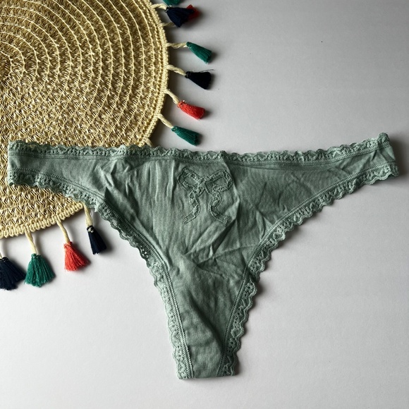 Victoria's Secret Other - Victoria's Secret Lace Trim Cotton Lace Bow Thong Panty Green Stone L NEW